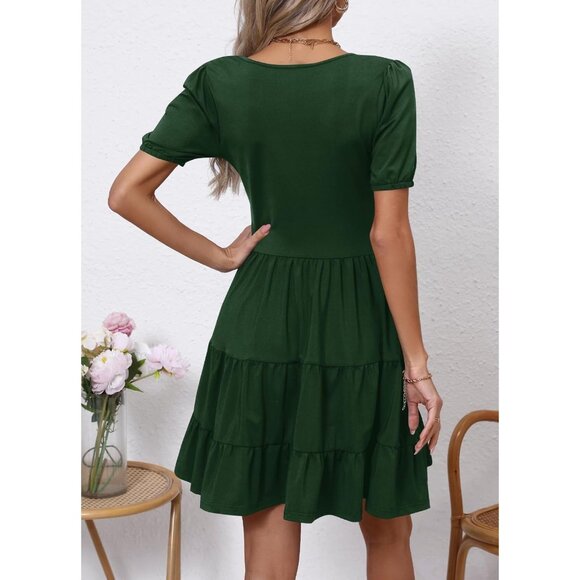 Women's Summer Dress Square Neck Formal Short Sleeve Business A-Line Midi Dress - Picture 2 of 5